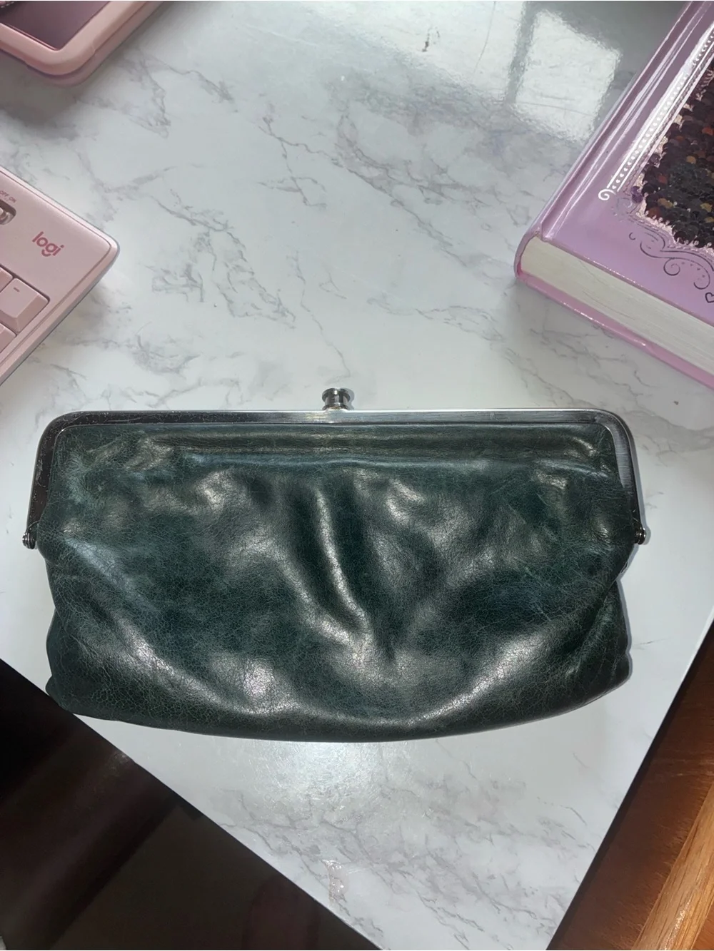 HOBO Lauren Dark Green Leather Double Frame Kiss Lock Clutch Wallet